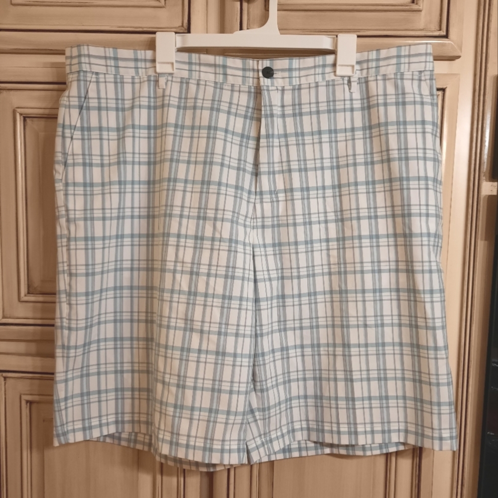 Adidas Plaid Bermuda Style Shorts - Size 42 - White / Grey / Blue - Lightweight!